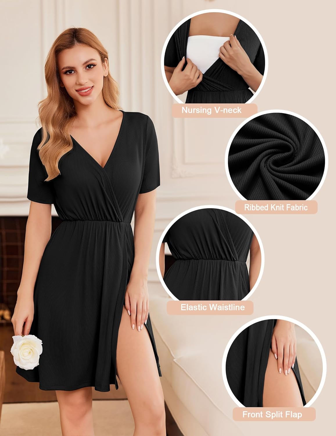Maternity Dress Short Sleeve Nursing Dresses V Neck Ribbed Knit Breastfeeding Clothes S-XXL