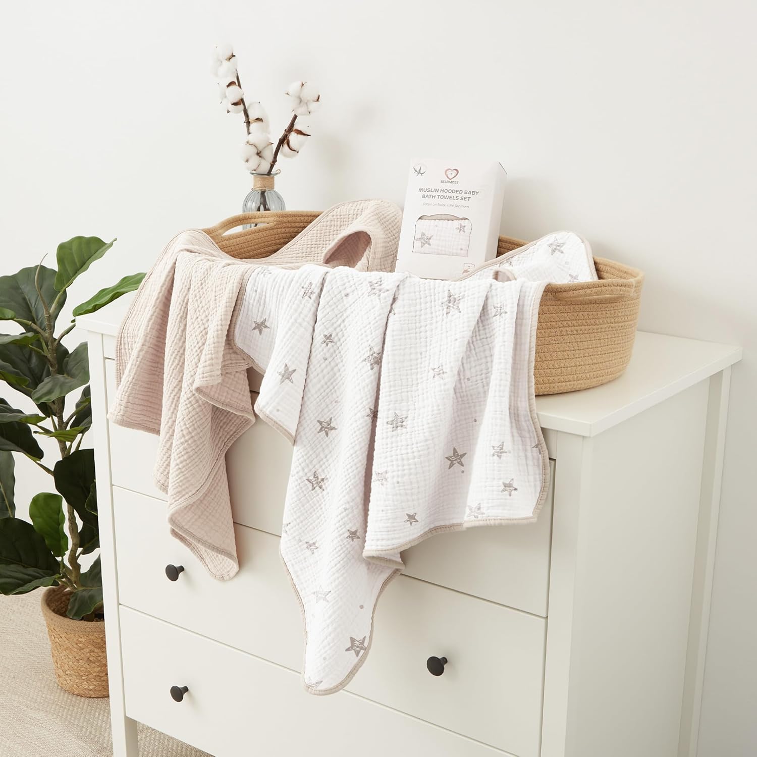 Muslin Baby Bath Towels 100% Cotton Baby Hooded Bathing Towels for Newborn Unisex Baby Boys Girls Infants Toddlers & Kids - 30X30In 2Pack (Cream Star)