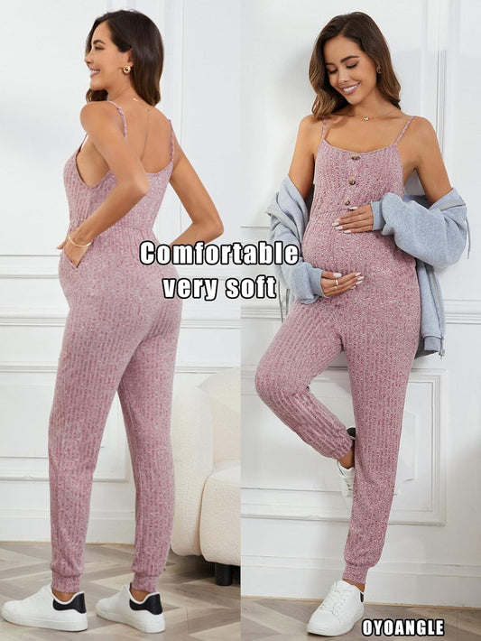 Women'S Maternity Ribbed Knit Cami Jumpsuit Button Spaghetti Strap Pregnancy Romper with Pockets