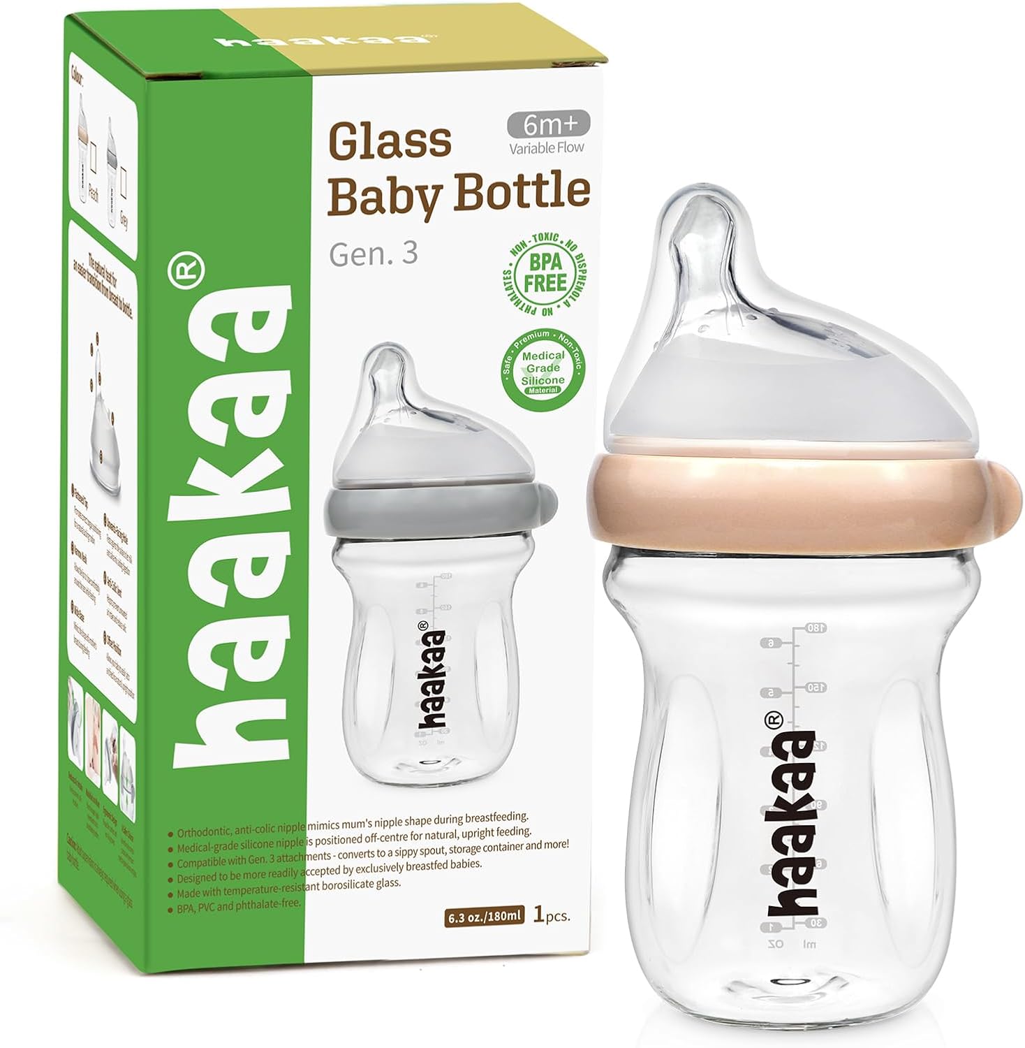 Gen.3 Natural Glass Baby Bottle -Wide Neck Anti-Colic Variable Flow Nipple - 6M+ Breastfed Babies Newborn Registry Essentials,Bpa-Free, 6 Oz/180 Ml, Peach