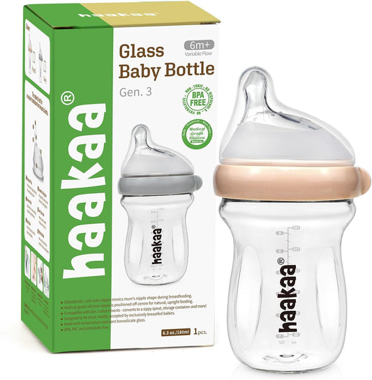 Gen.3 Natural Glass Baby Bottle -Wide Neck Anti-Colic Variable Flow Nipple - 6M+ Breastfed Babies Newborn Registry Essentials,Bpa-Free, 6 Oz/180 Ml, Peach