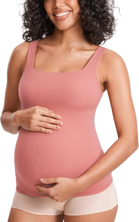 Inbarely Maternity Tank Top Square Neck Workout Tops with Built in Bra Pregnancy Sleeveless Yoga Maternity Clothes