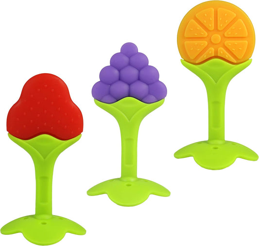 Infant & Baby Massager & Teether Toy 3-Pack, Fruit-Shaped Multi-Texture Teethers Soothe Sore Gums, Non-Toxic Bpa-Free Food-Grade Silicone, Hands-Free & Easy to Hold, Safe to Freeze, 3M+