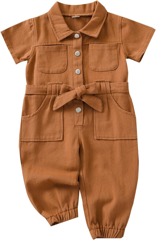 Toddler Baby Girls Short Sleeve Denim Romper Jumpsuit Outfit Clothes Multiple Pocket Overalls Summer Jeans