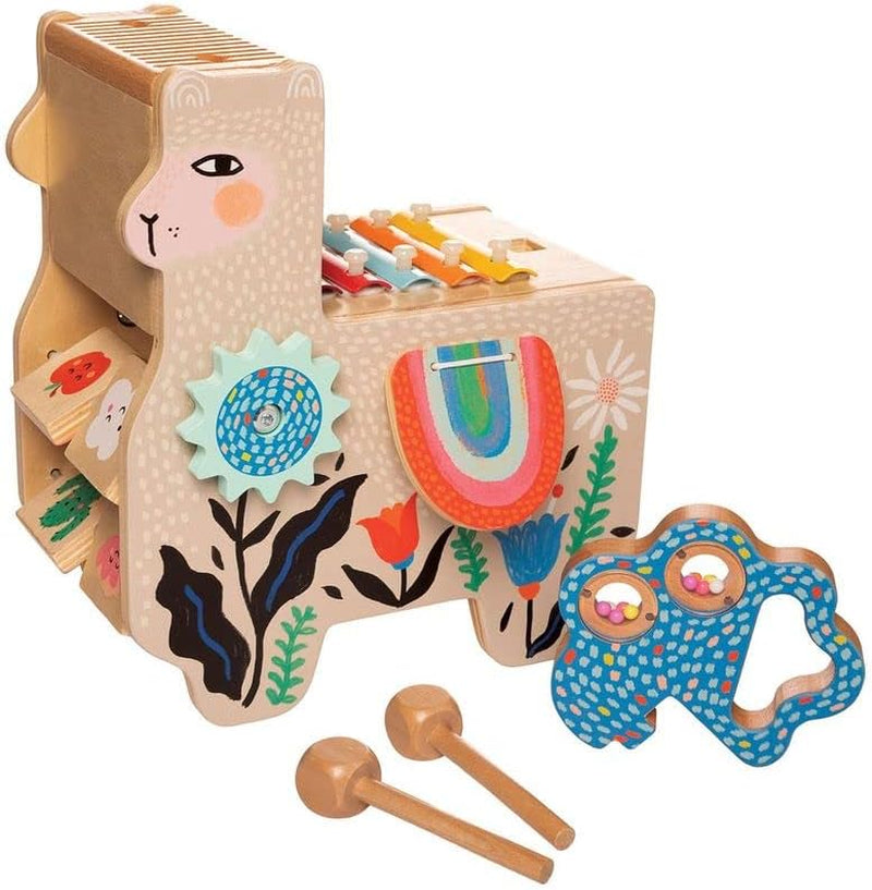 Musical Llama Wooden Instrument for Toddlers with Maraca, Clacking Saddlebags, Drumsticks, Washboard & Xylophone