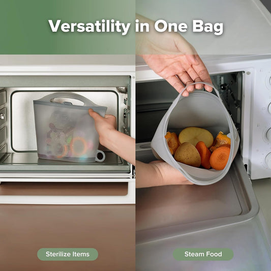 Silicone Microwave Steam Sterilizer Bags for Travel, Reusable Silicone Steaming Bags for Baby Bottles, Breast Pump, Accessories, Pacifiers and Teethers, Great for Home and On-The-Go, Grey (1PC)