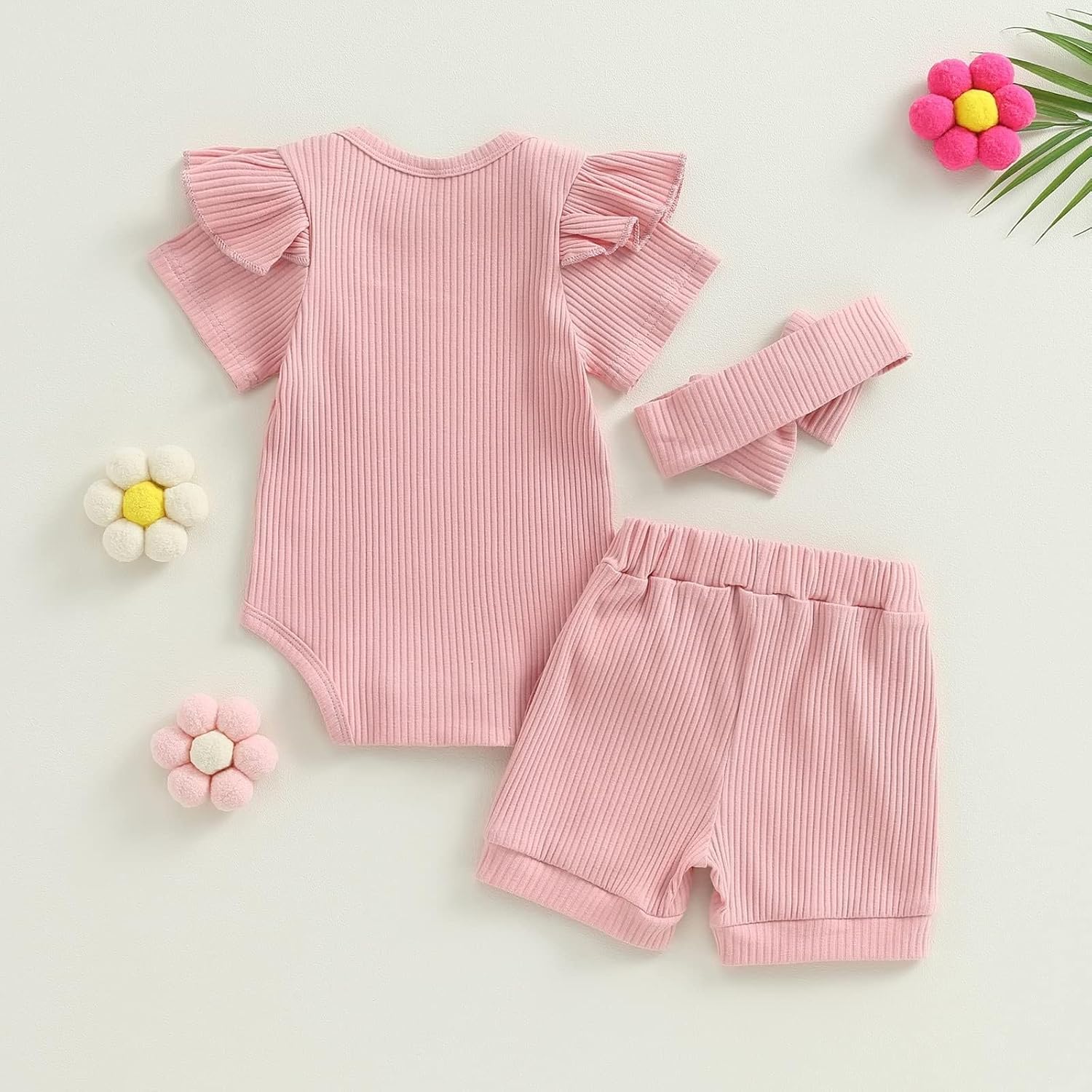 Newborn Girls Summer Outfits 3PCS Set - Ribbed Knit Romper + Shorts + Headband | Baby Girl Clothes Infant Bodysuit Set