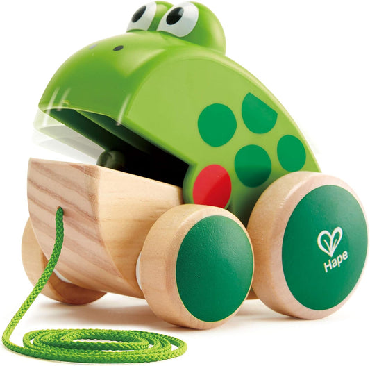 Frog Pull-Along | Wooden Frog Fly Eating Pull Toddler Toy, Bright Colors