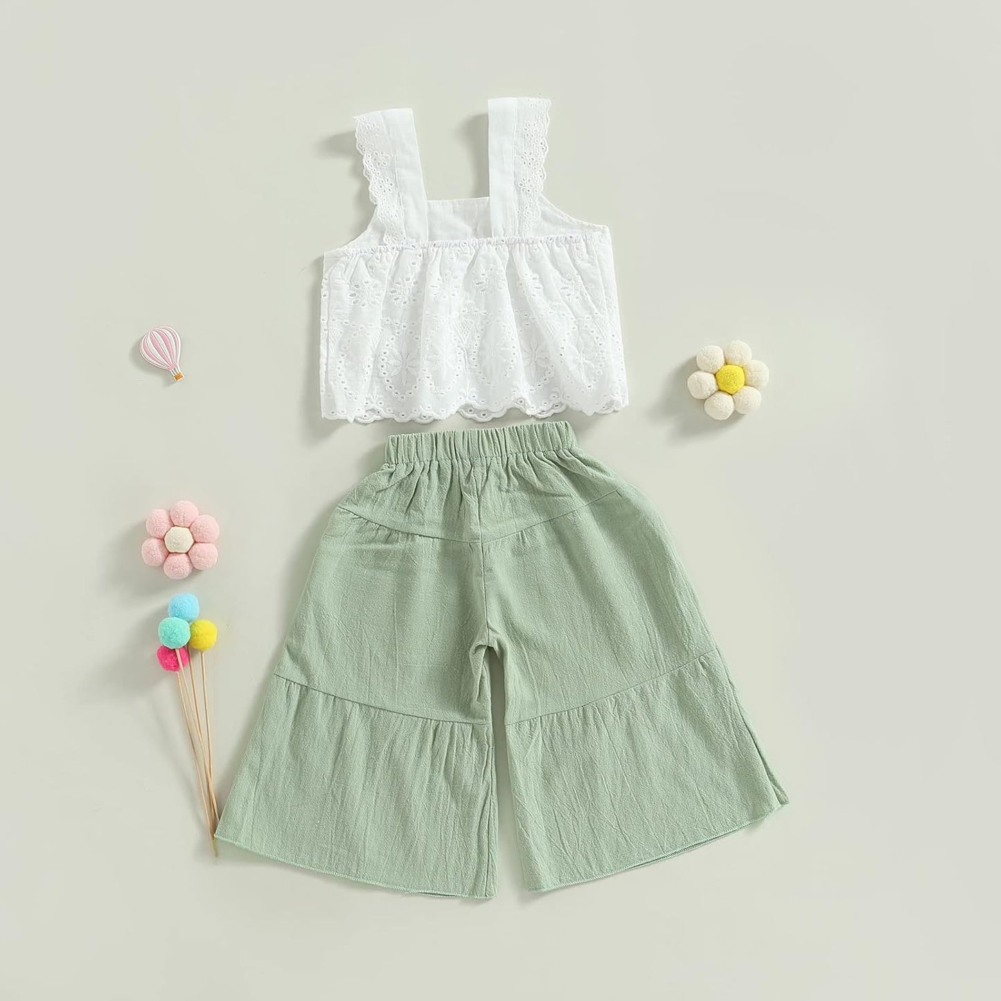 Summer Clothes Toddler Girl Camisole Outfit Infant Baby Cotton Linen Lace Smocked Sleeveless Tank Top Pants Set 0-7T