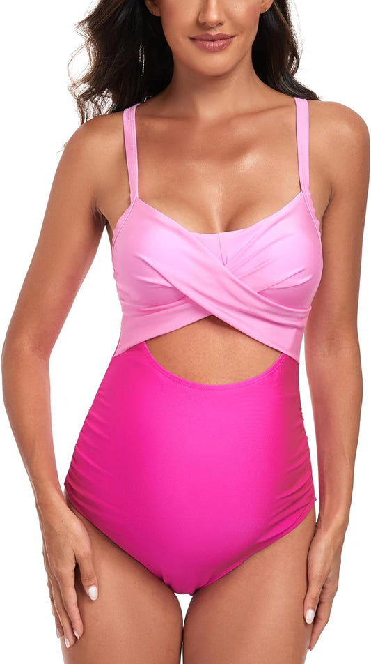 Maternity Cutout One Piece Swimwear Front Cross Pregnancy Bathing Suit with Wrap Tie Back