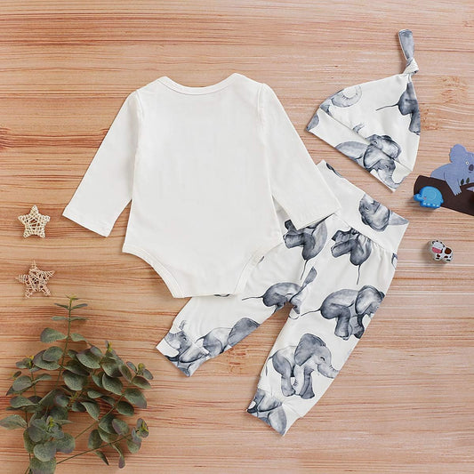 Newborn Baby Boys Girls Clothes New to the Crew Romper Bodysuit+Elephant Trousers+Hat 3Pcs Outfits Set