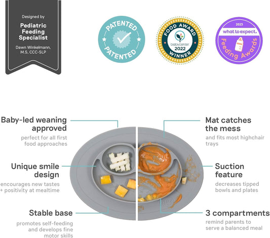 Mini Mat (Gray) - 100% Silicone Suction Plate with Built-In Placemat for Infants + Toddlers - First Foods + Self-Feeding - Comes with a Reusable Travel Bag