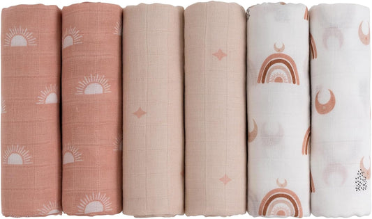 Receiving Blanket Boy Cotton Muslin Swaddle Blankets Girl Newborn Squares Breathable & Soft Thin Baby Blankets Cloths Double Absorbent Infant Swaddling Wrap - 6 Pack (Sun)