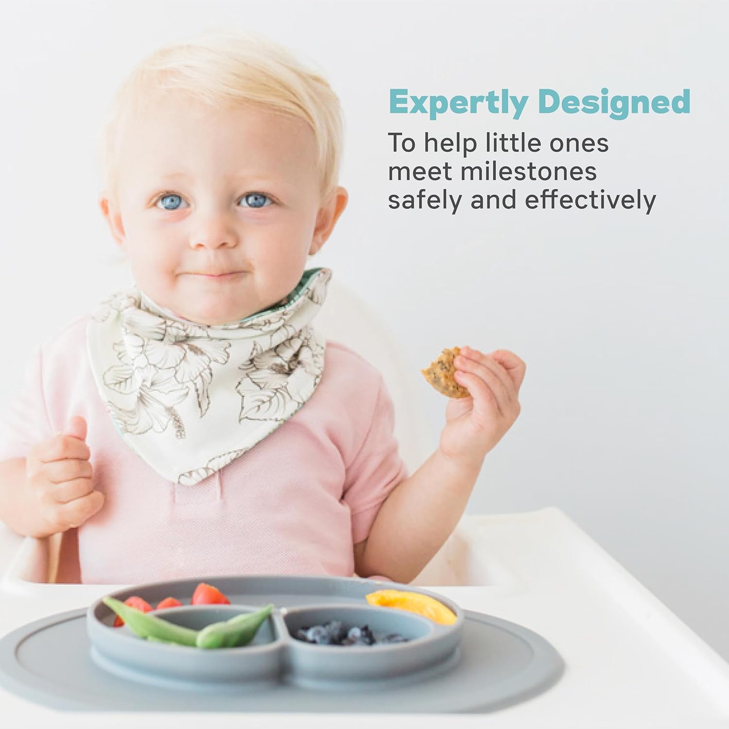 Mini Mat (Gray) - 100% Silicone Suction Plate with Built-In Placemat for Infants + Toddlers - First Foods + Self-Feeding - Comes with a Reusable Travel Bag