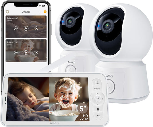 Baby Monitor 2 Cameras, Smart Baby Camera with 5-Inch Wireless Display, Super Night Vision, Temperature Sensor, Sound Detection, Auto Motion Tracking, 2-Way Audio, VOX Mode(B2 Set)