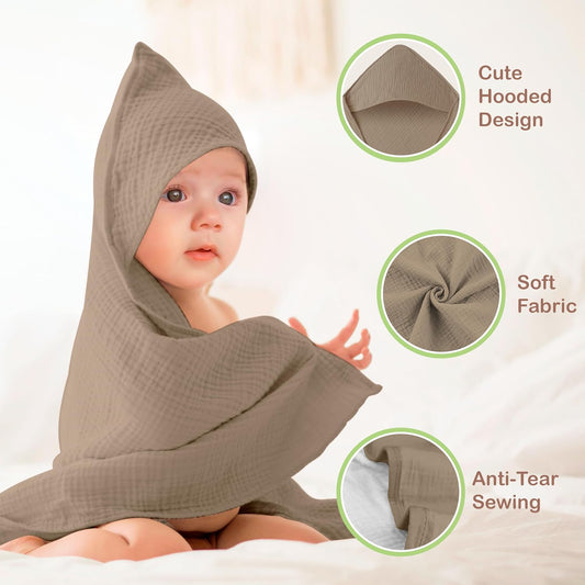 Organic Cotton Muslin Baby Hooded Towels - 81X81 Cm, 2 Pack Newborn Bath Towels for Boys & Girls, Soft & Absorbent Bath Set (Olive/Ivory)