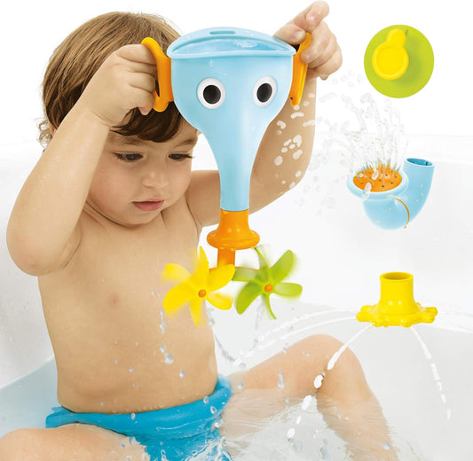Funelefun Fill ‘N’ Sprinkle Bath Toy. an Elephant Trunk Funnel Toddlers Play with 3 Interchangeable Trunk Accessories That Spins, Twist and Sprinkle, Promotes Kids Stem-Based Learning. (Blue)