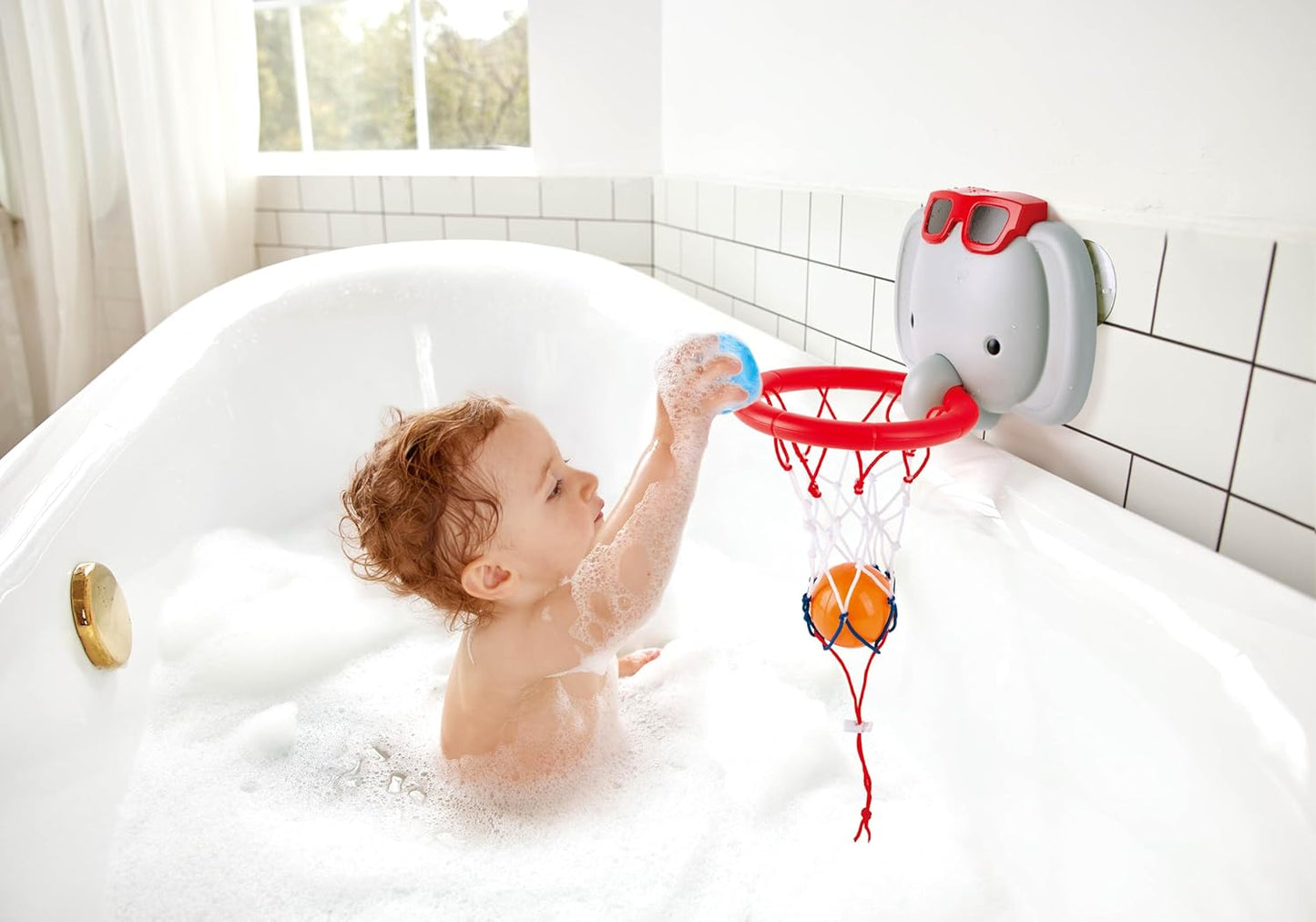 Bath Time Basketball Elephant Pal | Bathtub Shooting Game, 1 Hoop with Suction Cups and 4 Balls, for Children 18 Months+