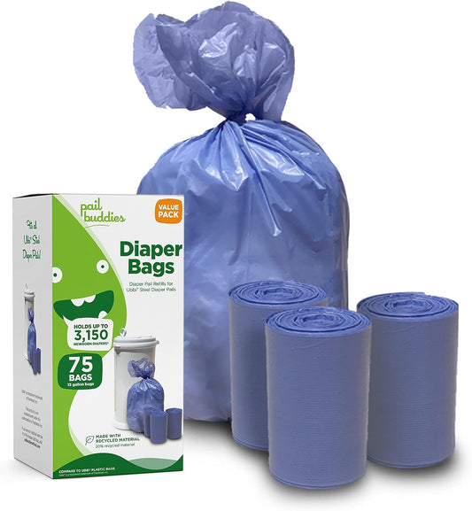 Disposable Diaper Pail Refills Compatible with Ubbi Diaper Pail | Diaper Pail Refill Bags Made with Recycled Material | Fresh Powder Scent for Odor Control | Disposable Diaper Trash Bags (75 Count)