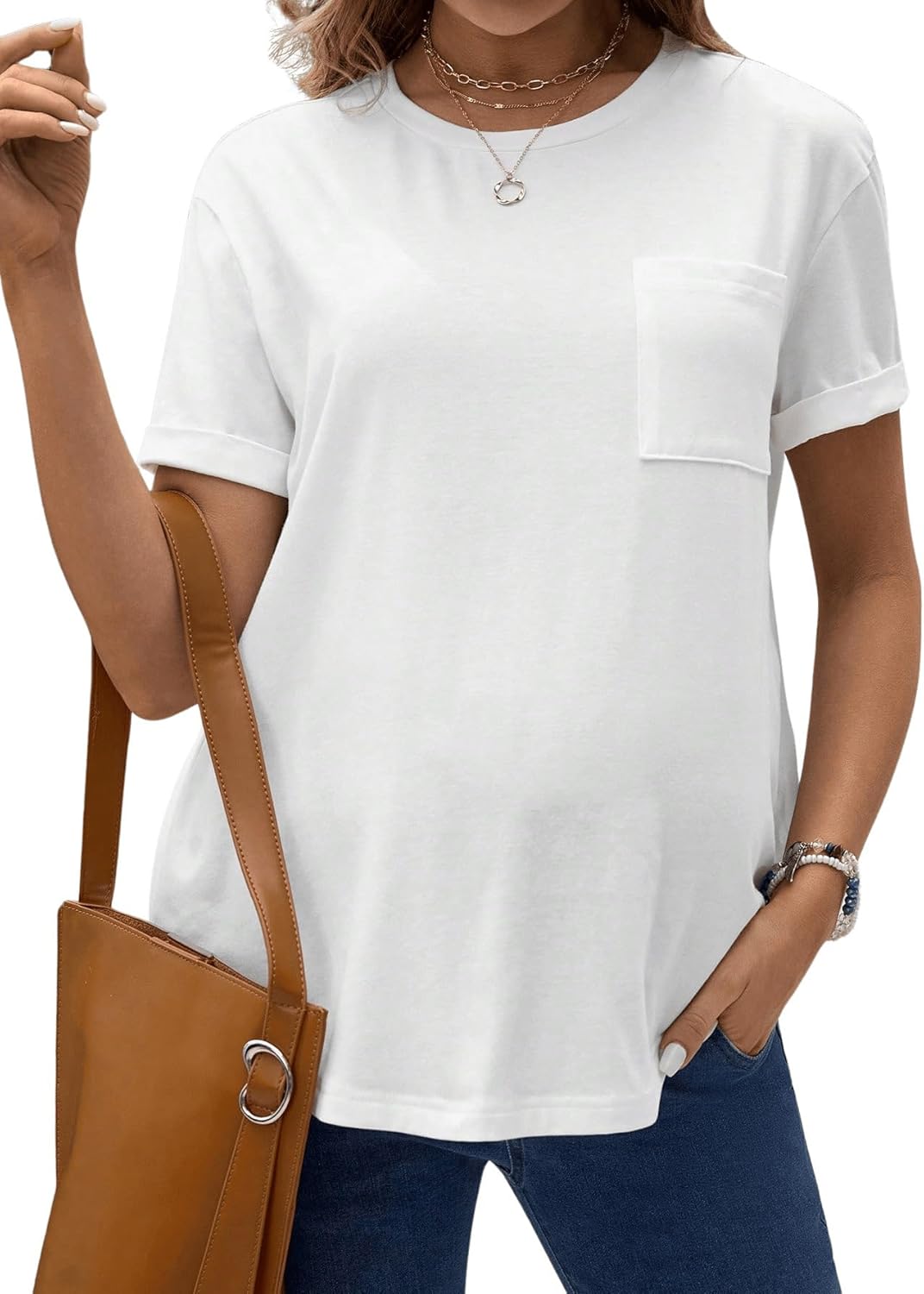 Women'S Maternity Short Sleeve Pocket Front T-Shirts Loose Summer Tee Tops Pregnancy Tees