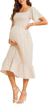Maternity Dress Summer Boho Midi Dress off Shoulder Smocked Casual Dress Sleeveless Baby Shower Photoshoot