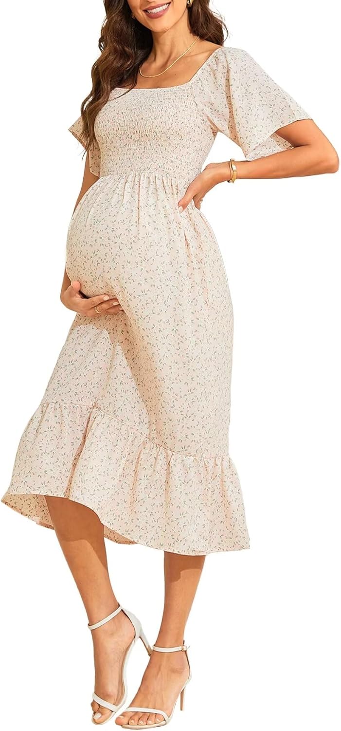 Maternity Dress Summer Boho Midi Dress off Shoulder Smocked Casual Dress Sleeveless Baby Shower Photoshoot