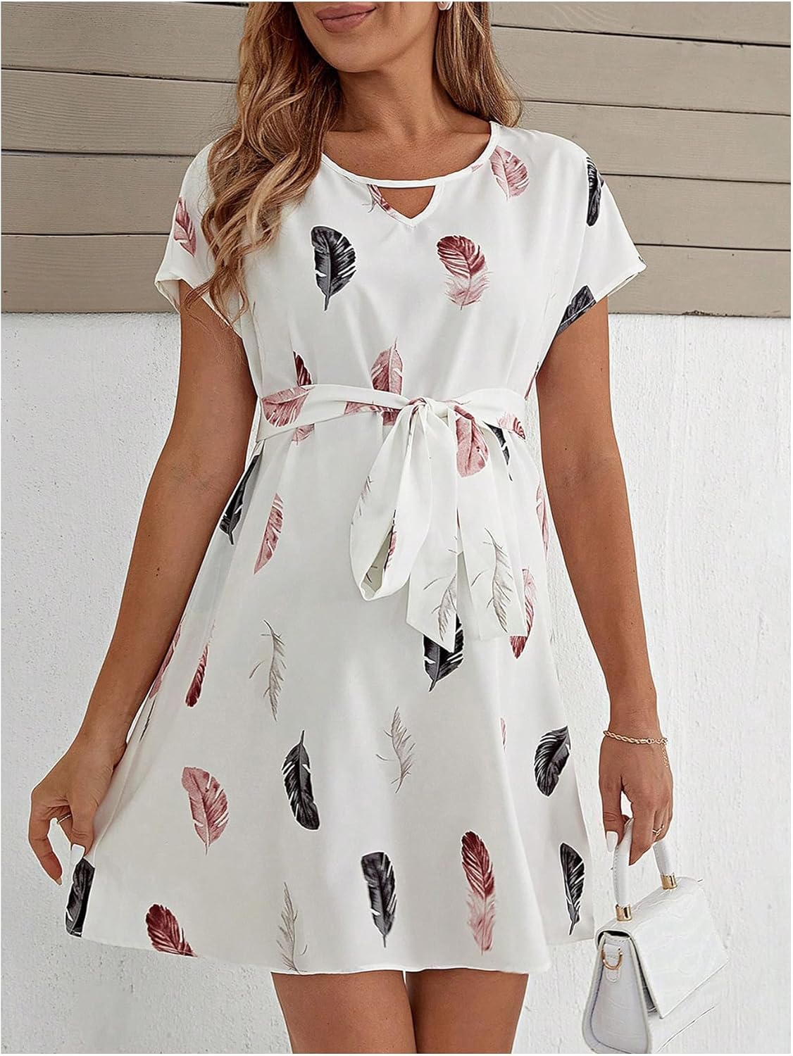Women'S Maternity Graphic Print Cut Out round Neck Short Sleeve Belted Dress