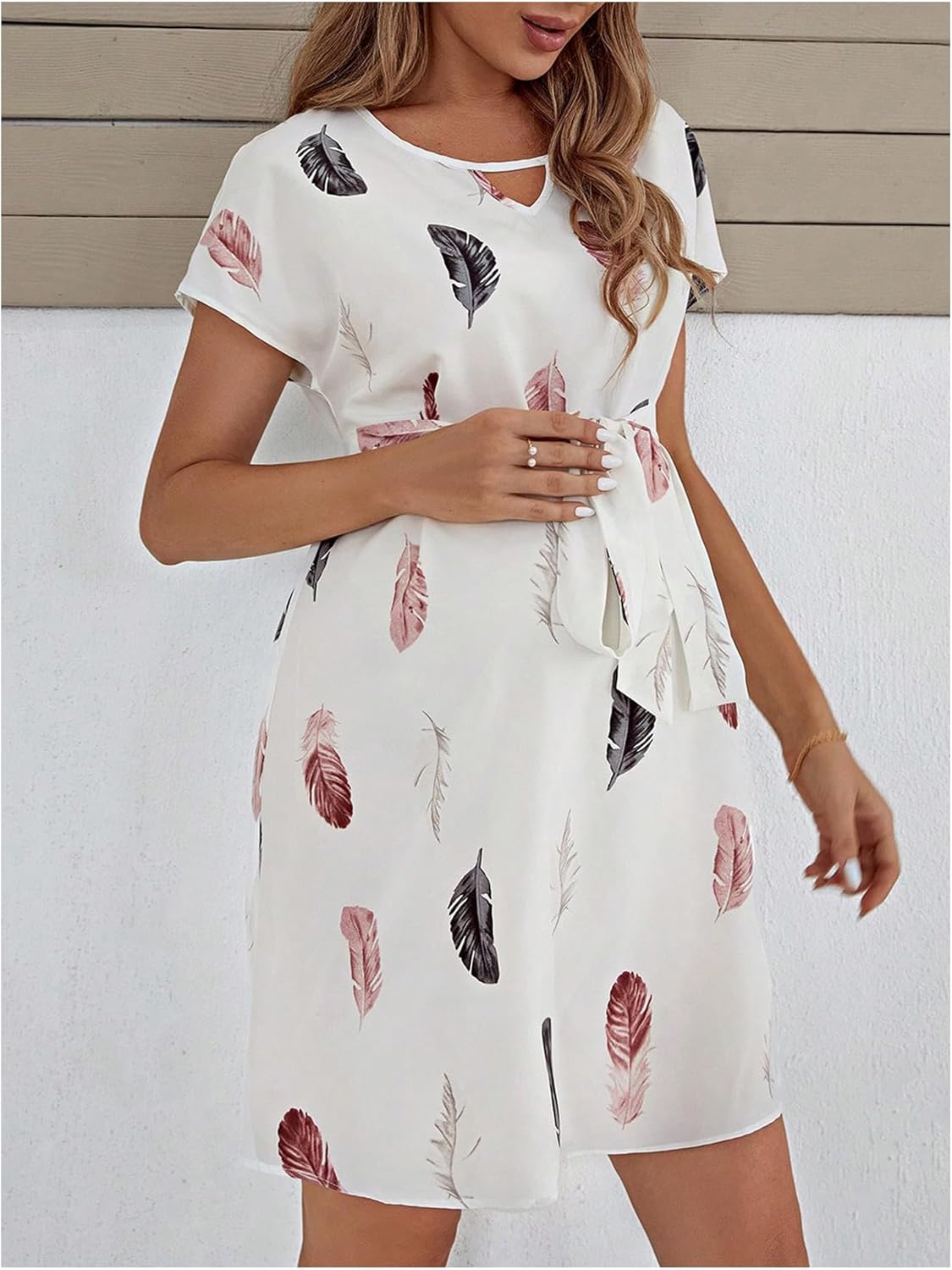 Women'S Maternity Graphic Print Cut Out round Neck Short Sleeve Belted Dress