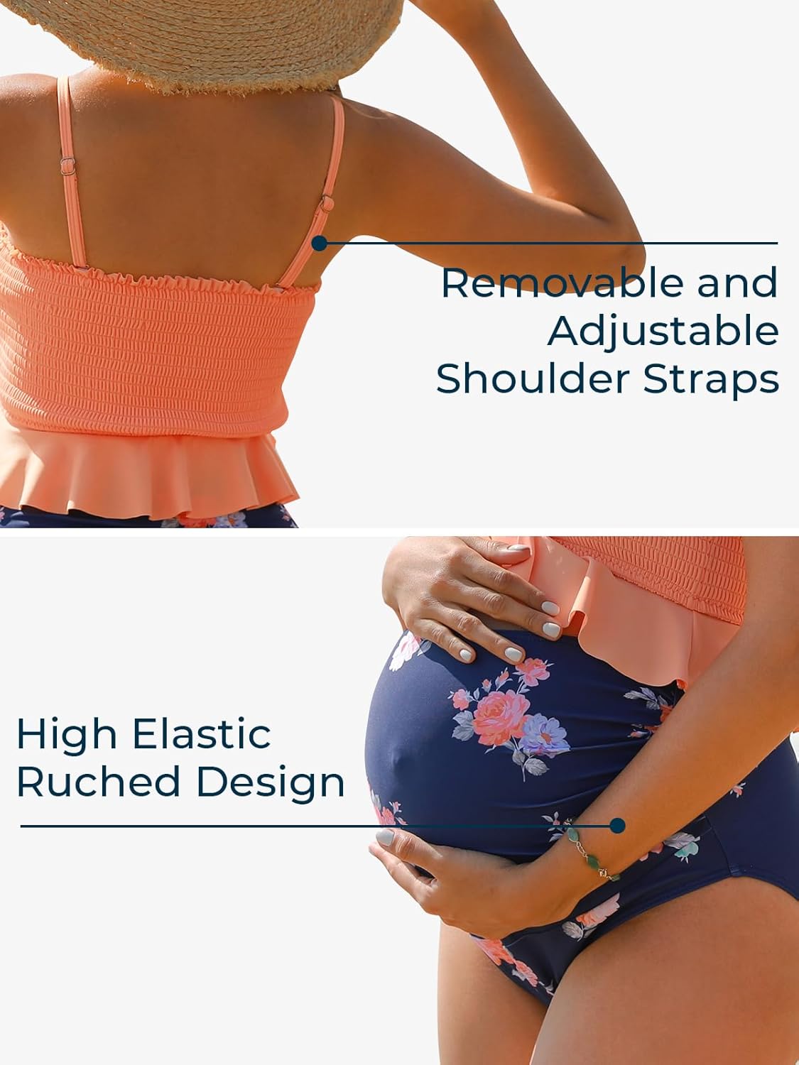 Maternity High Waist Swimsuit Ruffle Hem Bikini Bathing Suit Shirred Bandeau Two Piece Pregnancy Swimwear