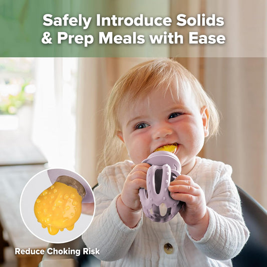 Octopus Baby Fruit Food Feeder & Mini Freezer Nibble Tray Combo, Breastmilk Popsicle Molds for Cooling Relief, BPA Free Silicone Feeder for Safe Infant Self Feeding, 4 Month+ (Lavender)