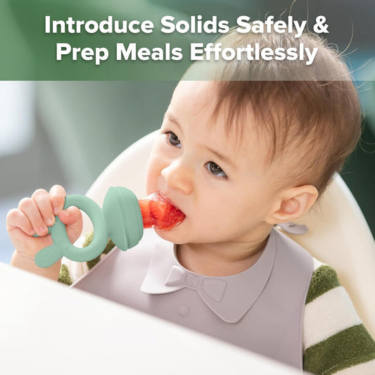 Baby Fruit Food Feeder & Mini Freezer Nibble Tray Combo, Breastmilk Popsicle Molds for Baby Cooling Relief, BPA Free Silicone Feeder for Safe Infant Self Feeding, 4 Month+ (Pea Green)