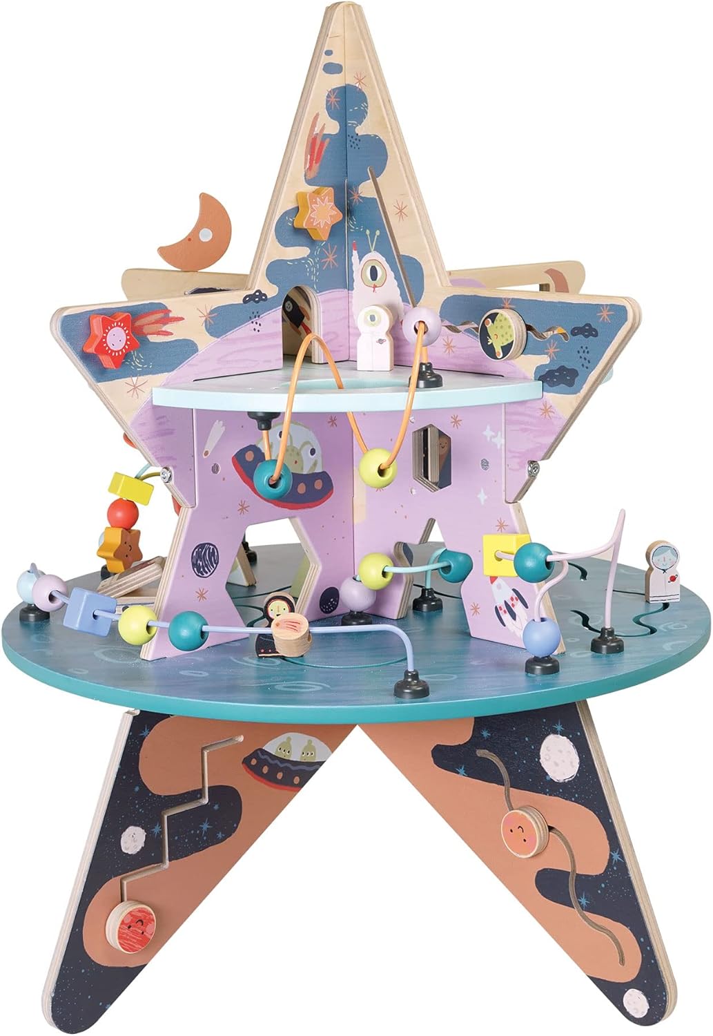 Double-Decker Celestial Star Explorer Wooden Activity Center with Shape Gliders, Spinners, Bead Runs & Alluring Artwork