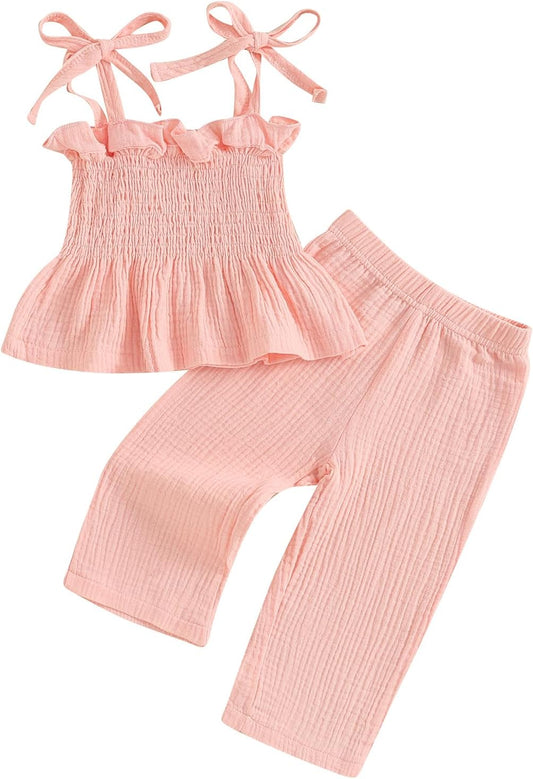 Toddler Baby Girls' 2Pcs Outfits Solid Color Sleeveless Tunic Top Boho Linen Pants Set Girls Summer Clothes
