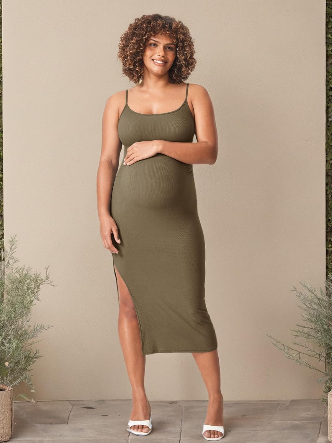 Women' S Maternity Dress Ribbed Spaghetti Strap Bodycon Dresses Square Neck Maternity Clothes for Baby Shower