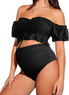 Women'S Maternity 2 Pieces High Waist off Shoulder Ruffle Hem Bikini Set Swimsuit Pregnancy Swimwear