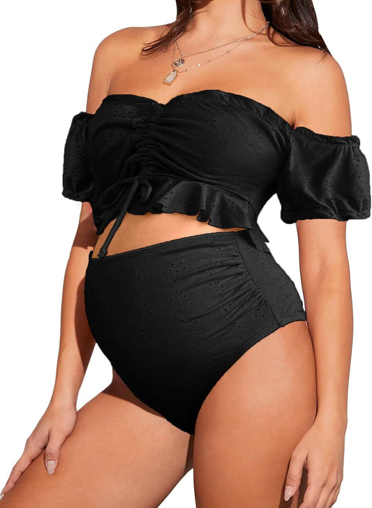 Women'S Maternity 2 Pieces High Waist off Shoulder Ruffle Hem Bikini Set Swimsuit Pregnancy Swimwear