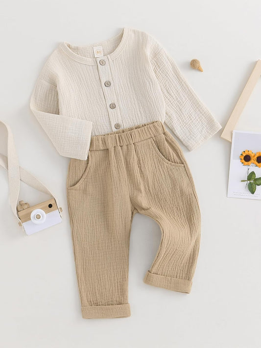 Toddler Baby Boy Clothes Cotton Linen Shirts Button down Long Sleeve Shirts Casual Pants Set 1-4Y