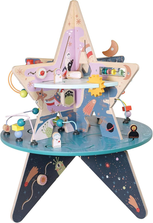 Double-Decker Celestial Star Explorer Wooden Activity Center with Shape Gliders, Spinners, Bead Runs & Alluring Artwork