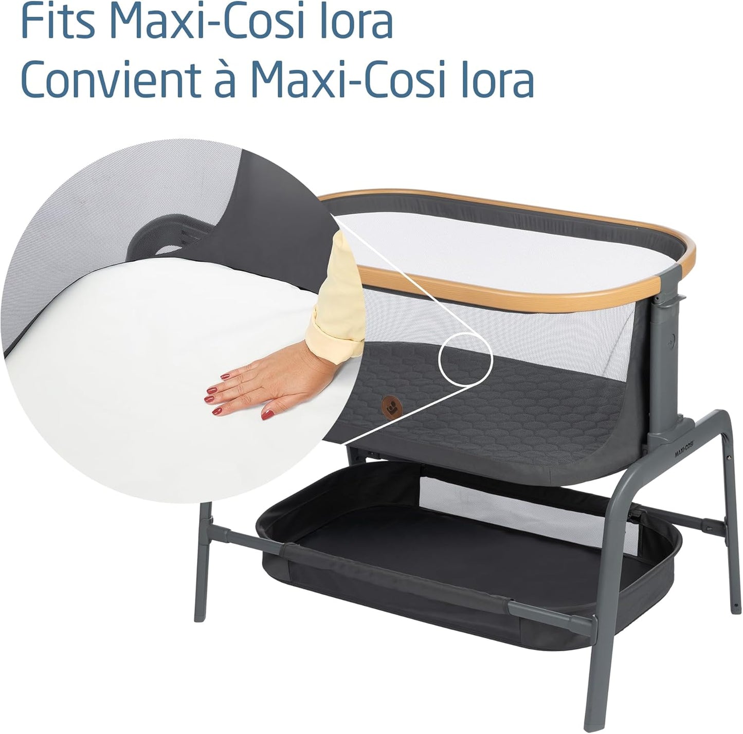 Iora Bedside Bassinet, Horizon Sand & Iora Bedsheets 2Pk – White