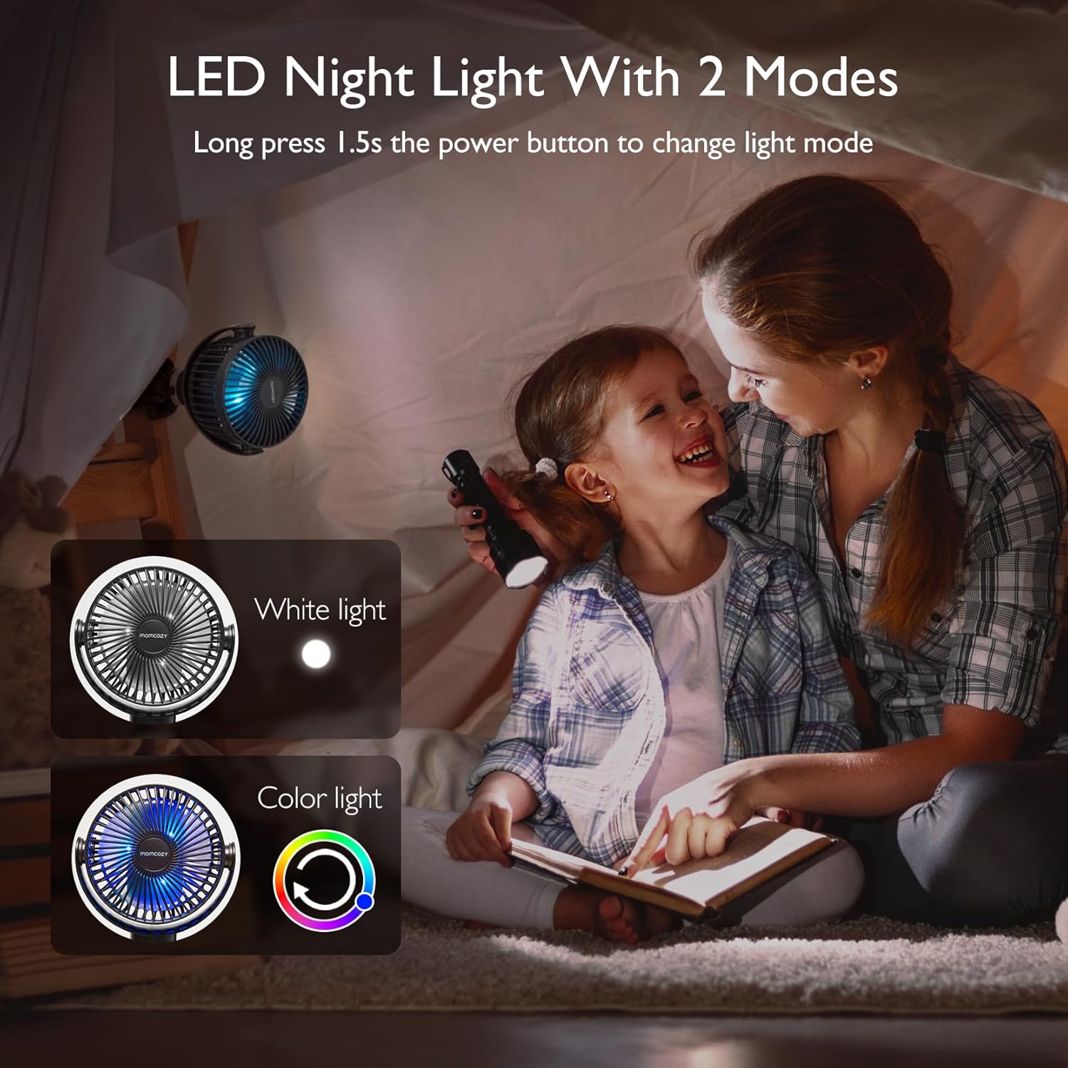 Portable Stroller Fan, 27H Ultra-Long Battery Life, Detachable 4 Speed 360°Rotate, LED Night Light with 2 Modes, USB Rechargeable and Handheld Cooling Fan for Travel, Car Seat