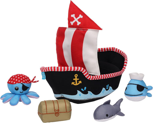 Neoprene Pirate Ship 5 Piece Floating Spill N Fill Bath Toy with Quick Dry Sponges and Squirt Toy