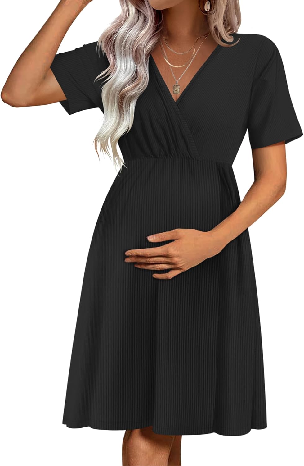 Maternity Dress Short Sleeve Nursing Dresses V Neck Ribbed Knit Breastfeeding Clothes S-XXL
