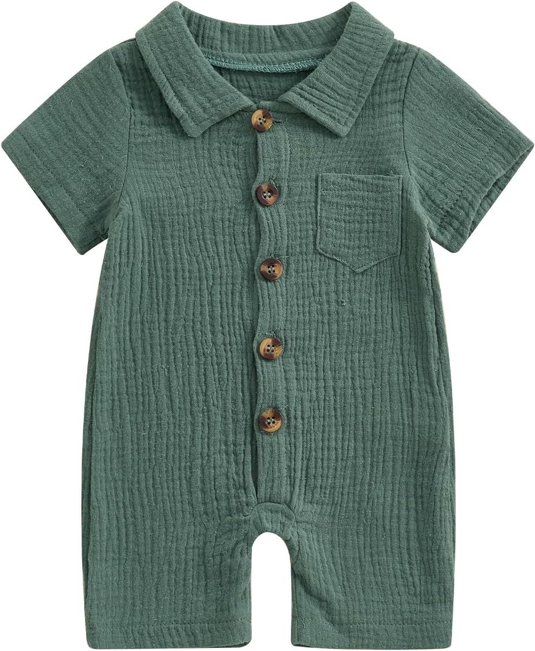 Baby Boy Cotton Linen Jumpsuit Infant Summer Romper Solid Color Short Sleeve Lapel Button down Overalls Bodysuit