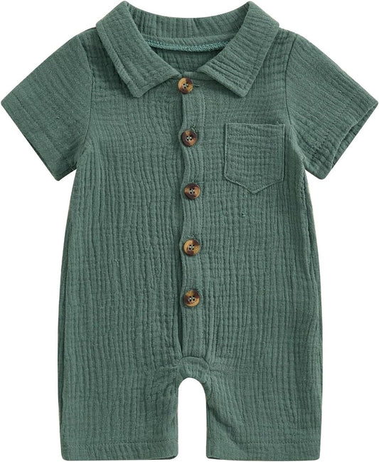 Baby Boy Cotton Linen Jumpsuit Infant Summer Romper Solid Color Short Sleeve Lapel Button down Overalls Bodysuit