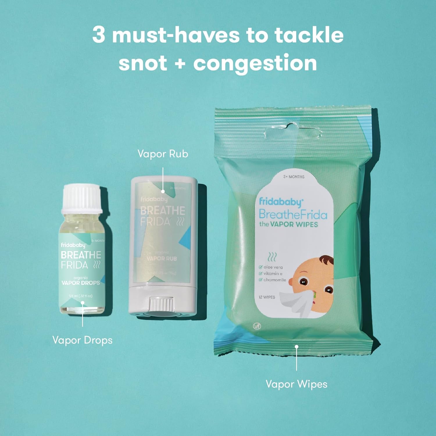 Fridababy Baby & Toddler Breathe Easy Kit Sick Day Essentials,A Must-Have Set Includes Natural Nose & Chest Wipes, Organic No-Mess Chest Balm, & Organic Essential Oil for Bath or Diffuser