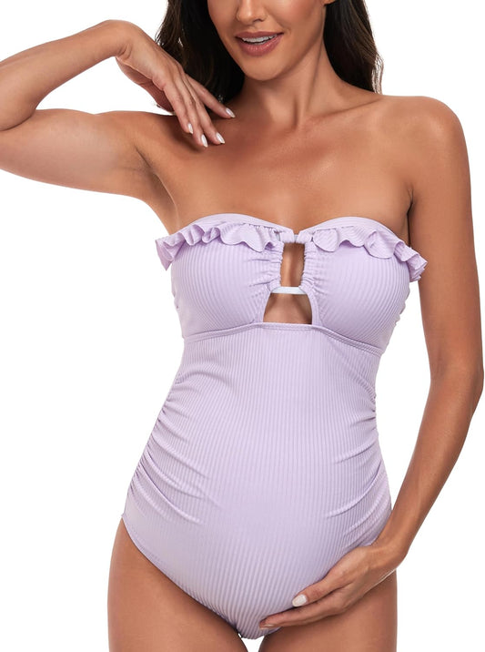 Maternity Ruffle Ribbed Cutout One Piece Swimwear Square Ring Linked Pregnancy Bathing Suit