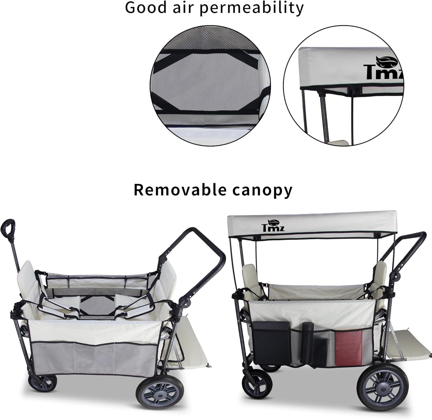 Folding Outdoor Collapsible Wagon with Quick-Release Wheels and 2 Seats, Heavy Duty Wagon 265LBS Load Capacity for Camping Garden Shopping (Beige)