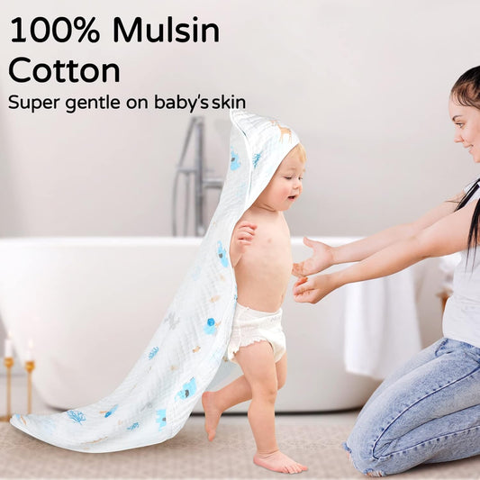 Hooded Baby Towels for Newborn 2 Pack 100% Muslin Cotton Baby Bath Towel with Hood for Babies, Infant, Toddler and Kids, Large 32X32Inch, Soft and Absorbent Newborn Essential