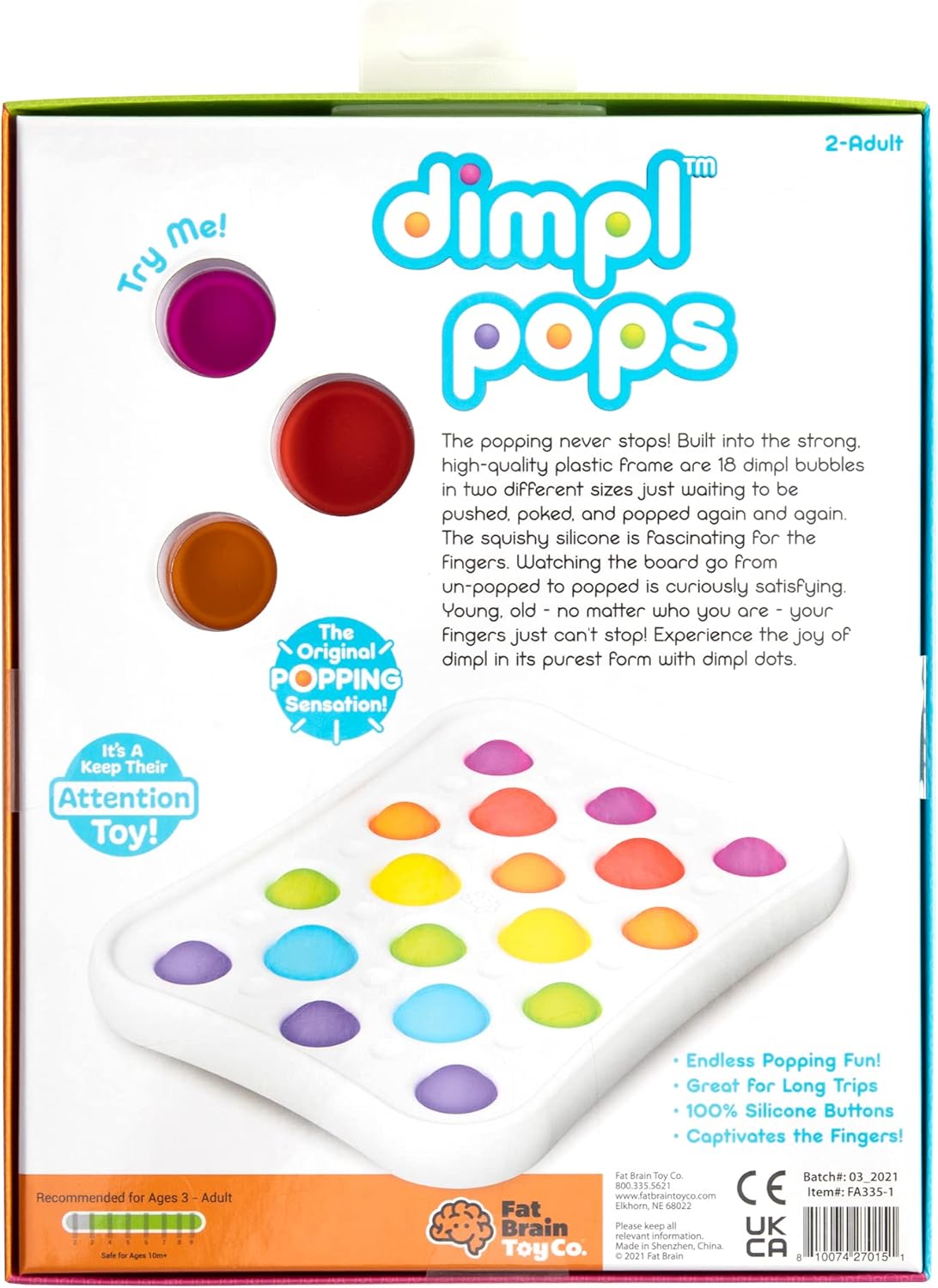 Dimpl Pops, Sensory Fidget Toy with 18 Popping Bubbles for Kids & Adults Ages 3 Years+
