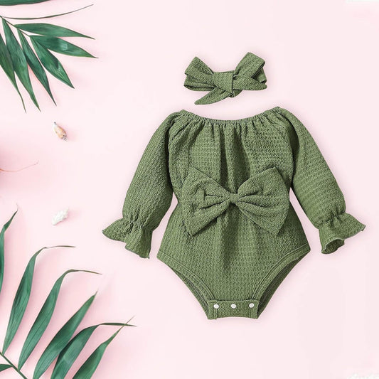 Newborn Baby Girl Spring Outfit Linen Ruffle Bubble Long Sleeve Romper Bodysuit+Headband Jumpsuit Infant Clothes